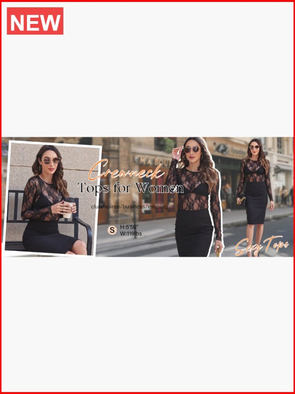 Mesh Lace Long Sleeve Crewneck Slim Fitted See Through Blouse - Picture 5 of 6
